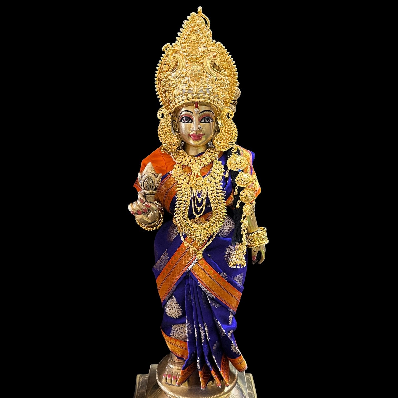 Amman Pavadai, Ammavaru Saree, Radha Krishna Vastra, Ram Sita Poshak, Radha Krishna Dress, Radha Rani Poshak for Standing Idol,pre stiched Sadi , Made of Pure Tapeta Silk - Dark Blue pre plated Saree with Orange Contrast and blouse