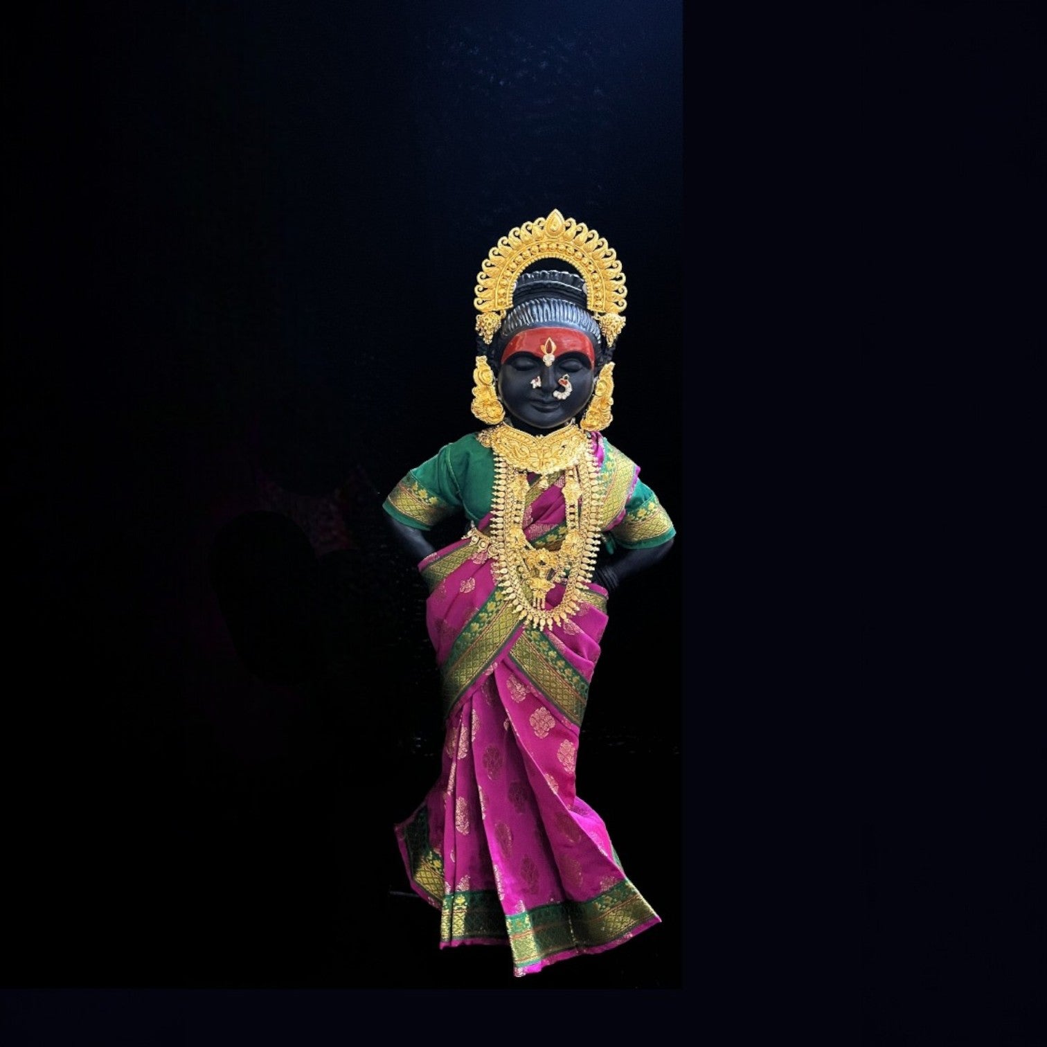 Amman Pavadai, Ammavaru Saree, Radha Krishna Vastra, Ram Sita Poshak, Radha Krishna Dress, Radha Rani Poshak for Standing Idol,pre stiched Sadi , Made of Pure Tapeta Silk - Pink pre plated Saree with Bottle Green Contrast and blouse 3