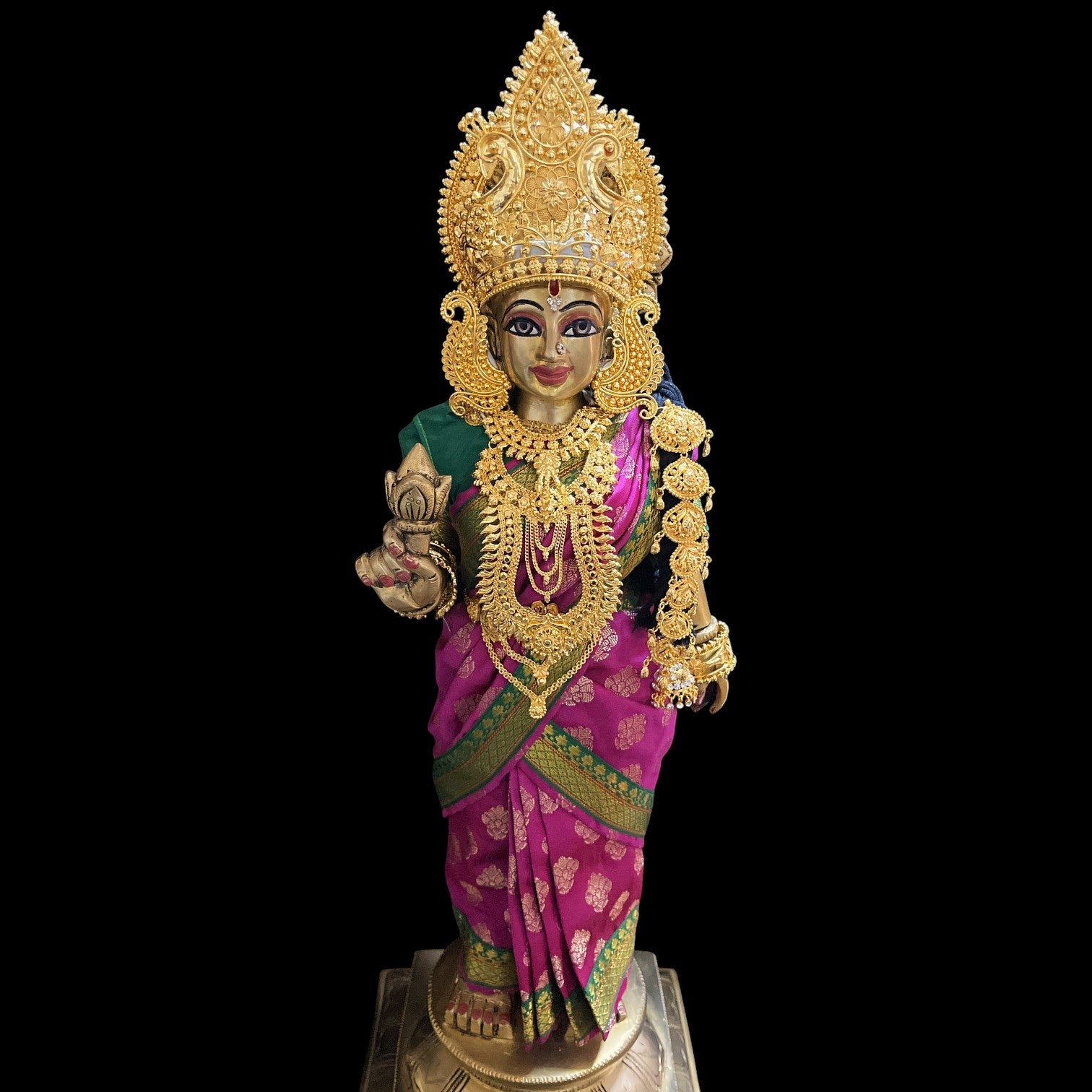 Amman Pavadai, Ammavaru Saree, Radha Krishna Vastra, Ram Sita Poshak, Radha Krishna Dress, Radha Rani Poshak for Standing Idol,pre stiched Sadi , Made of Pure Tapeta Silk - Pink pre plated Saree with Bottle Green Contrast and blouse 1