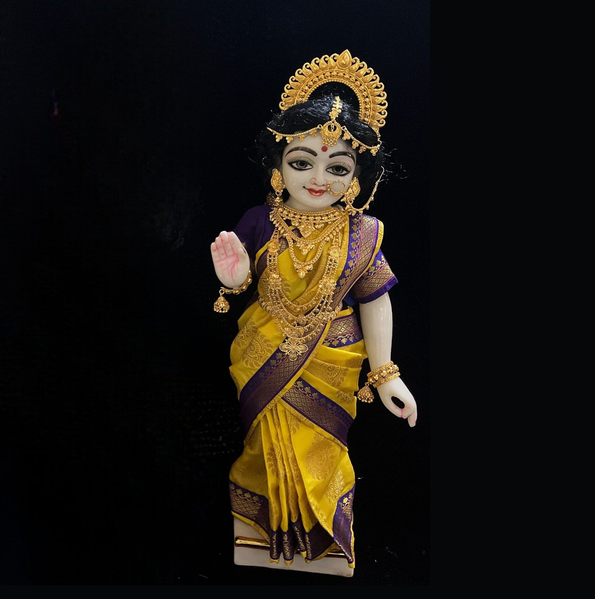Amman Pavadai, Ammavaru Saree, Radha Krishna Vastra, Ram Sita Poshak, Radha Krishna Dress, Radha Rani Poshak for Standing Idol,pre stiched Sadi , Made of Pure Tapeta Silk - Yellow pre plated Saree with Dark Blue Contrast and blouse