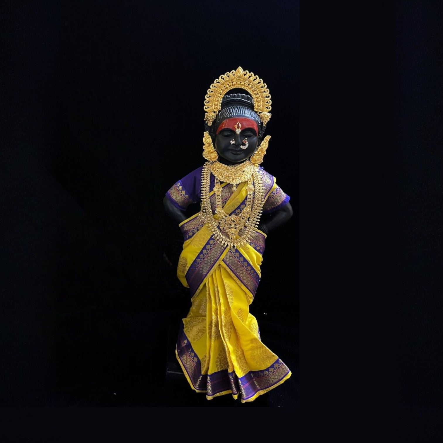 Amman Pavadai, Ammavaru Saree, Radha Krishna Vastra, Ram Sita Poshak, Radha Krishna Dress, Radha Rani Poshak for Standing Idol,pre stiched Sadi , Made of Pure Tapeta Silk - Yellow pre plated Saree with Dark Blue Contrast and blouse 3