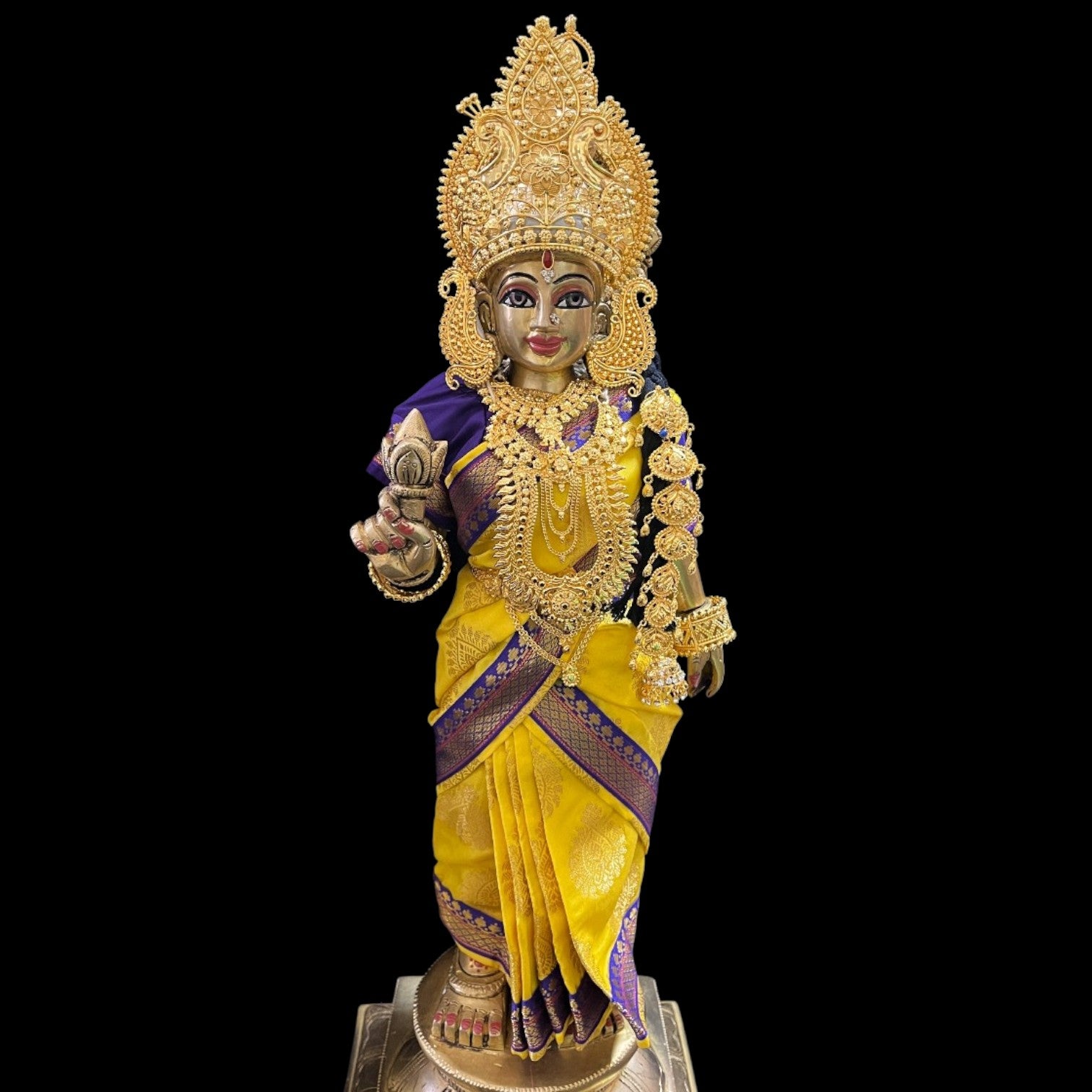 Amman Pavadai, Ammavaru Saree, Radha Krishna Vastra, Ram Sita Poshak, Radha Krishna Dress, Radha Rani Poshak for Standing Idol,pre stiched Sadi , Made of Pure Tapeta Silk - Yellow pre plated Saree with Dark Blue Contrast and blouse 1