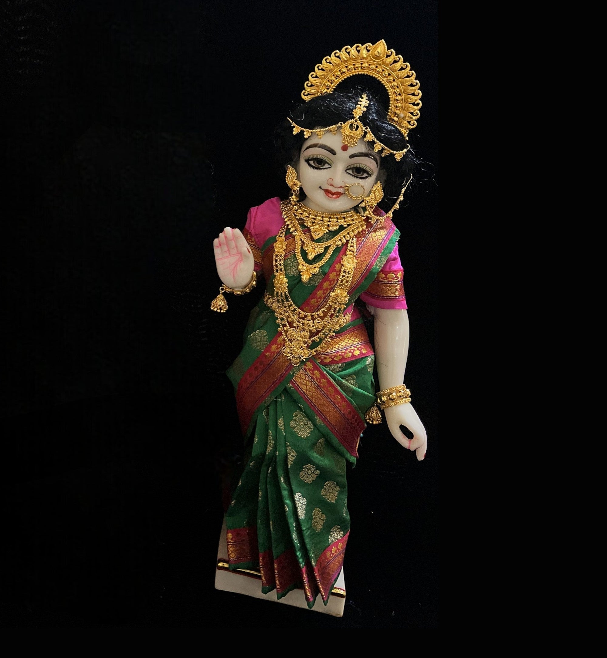 Amman Pavadai, Ammavaru Saree, Radha Krishna Vastra, Ram Sita Poshak, Radha Krishna Dress, Radha Rani Poshak for Standing Idol,pre stiched Sadi , Made of Pure Tapeta Silk - Green pre plated Saree with Pink Contrast and blouse