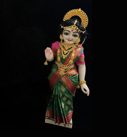 Amman Pavadai, Ammavaru Saree, Radha Krishna Vastra, Ram Sita Poshak, Radha Krishna Dress, Radha Rani Poshak for Standing Idol,pre stiched Sadi , Made of Pure Tapeta Silk - Green pre plated Saree with Pink Contrast and blouse