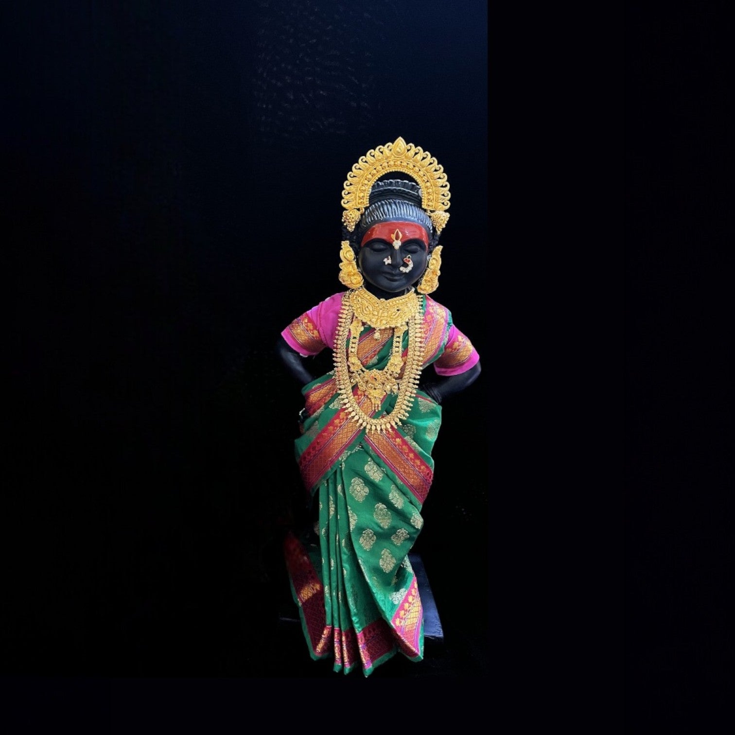 Amman Pavadai, Ammavaru Saree, Radha Krishna Vastra, Ram Sita Poshak, Radha Krishna Dress, Radha Rani Poshak for Standing Idol,pre stiched Sadi , Made of Pure Tapeta Silk - Green pre plated Saree with Pink Contrast and blouse 3