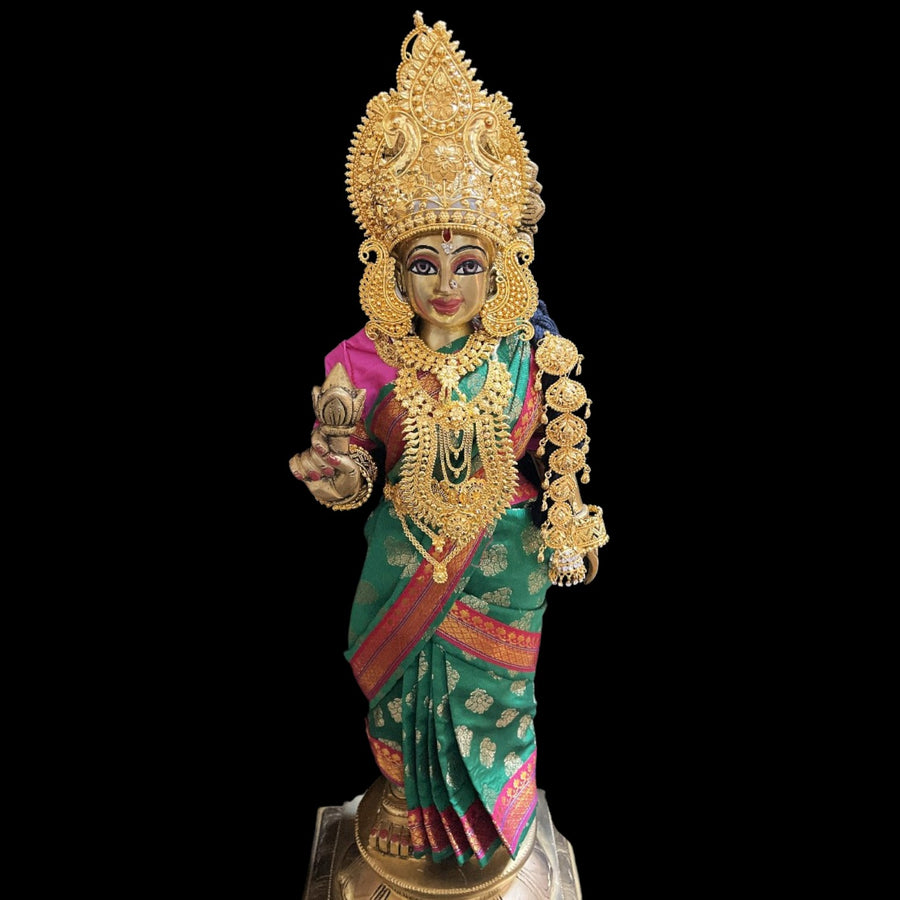 Amman Pavadai, Ammavaru Saree, Radha Krishna Vastra, Ram Sita Poshak, Radha Krishna Dress, Radha Rani Poshak for Standing Idol,pre stiched Sadi , Made of Pure Tapeta Silk - Green pre plated Saree with Pink Contrast and blouse