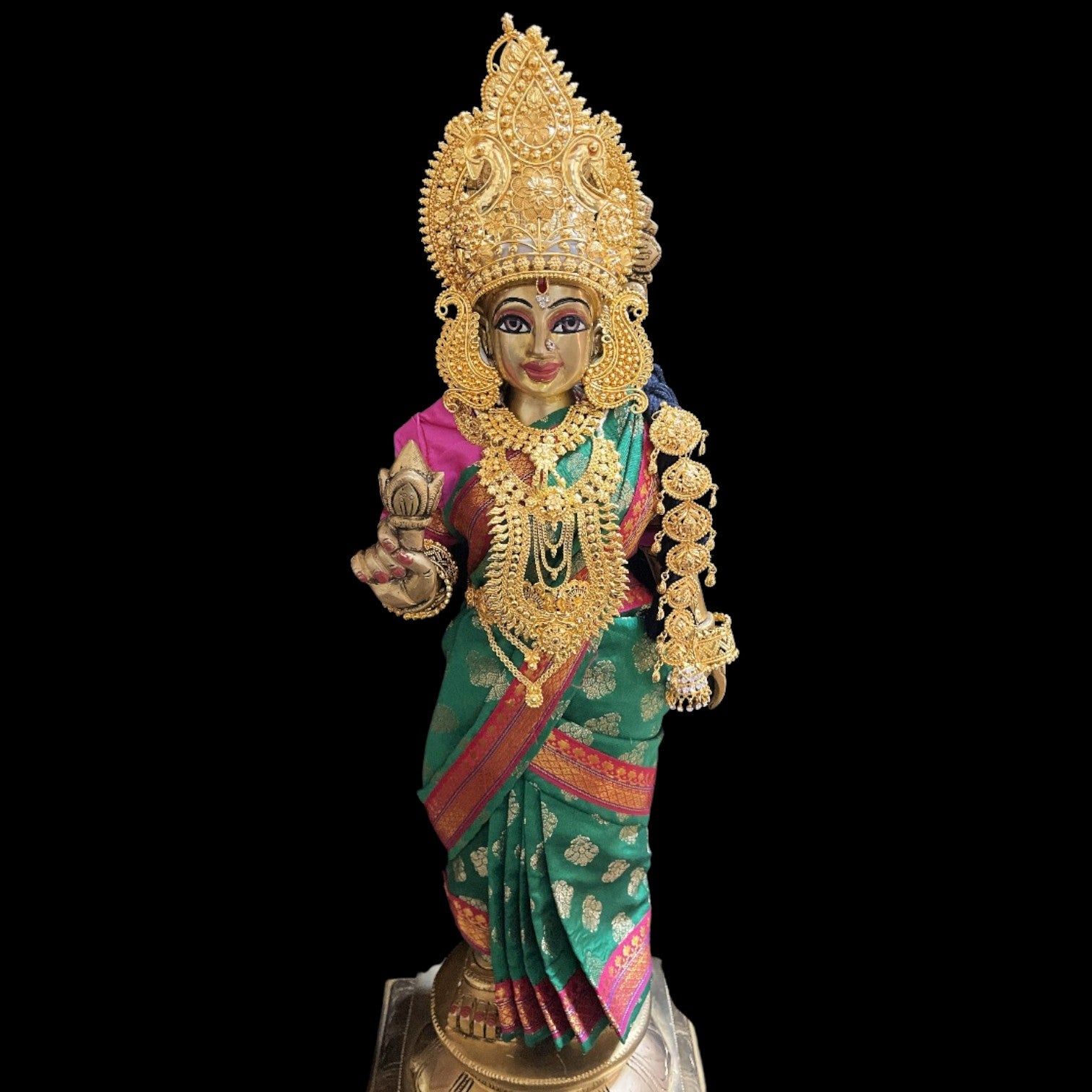 Amman Pavadai, Ammavaru Saree, Radha Krishna Vastra, Ram Sita Poshak, Radha Krishna Dress, Radha Rani Poshak for Standing Idol,pre stiched Sadi , Made of Pure Tapeta Silk - Green pre plated Saree with Pink Contrast and blouse