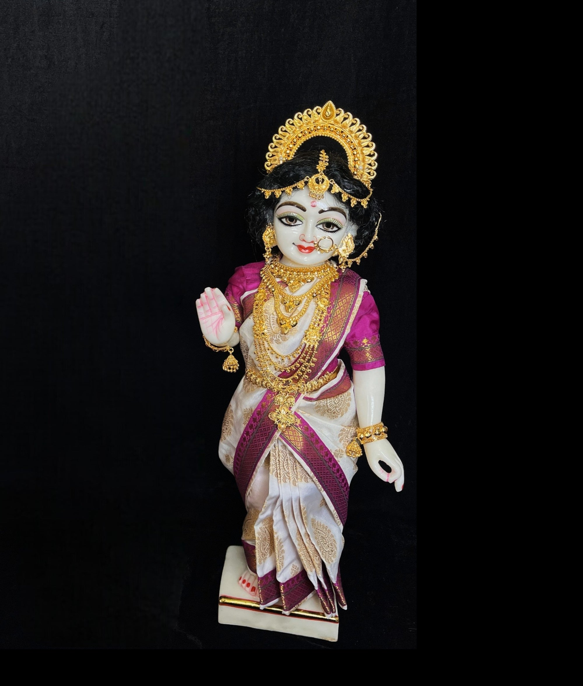 Amman Pavadai, Ammavaru Saree, Radha Krishna Vastra, Ram Sita Poshak, Radha Krishna Dress, Radha Rani Poshak for Standing Idol,pre stiched Sadi , Made of Pure Tapeta Silk - White pre plated Saree with Purple Contrast and blouse 2
