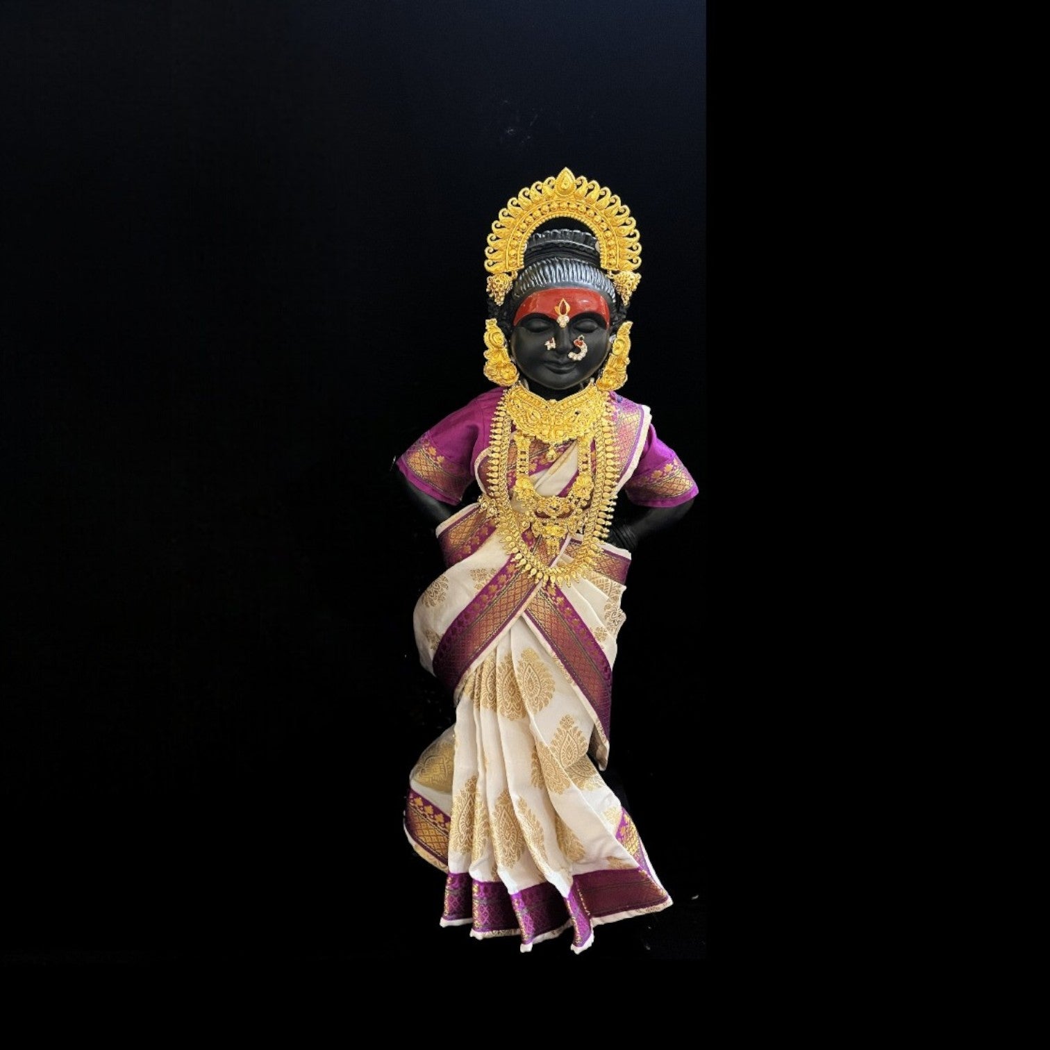 Amman Pavadai, Ammavaru Saree, Radha Krishna Vastra, Ram Sita Poshak, Radha Krishna Dress, Radha Rani Poshak for Standing Idol,pre stiched Sadi , Made of Pure Tapeta Silk - White pre plated Saree with Purple Contrast and blouse