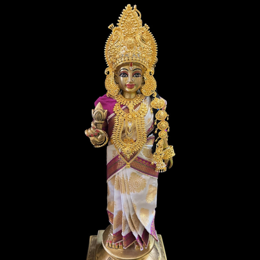 Amman Pavadai, Ammavaru Saree, Radha Krishna Vastra, Ram Sita Poshak, Radha Krishna Dress, Radha Rani Poshak for Standing Idol,pre stiched Sadi , Made of Pure Tapeta Silk - White pre plated Saree with Purple Contrast and blouse