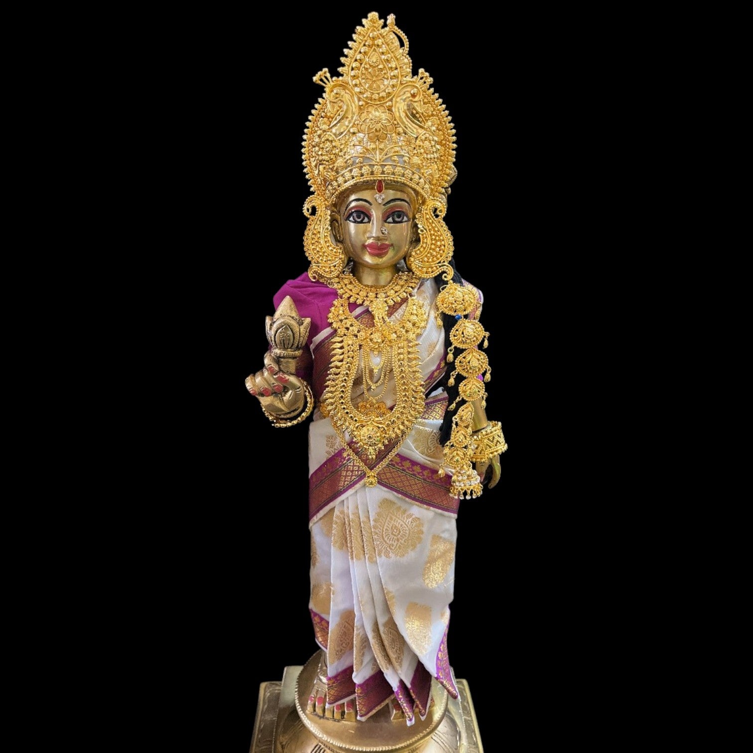 Amman Pavadai, Ammavaru Saree, Radha Krishna Vastra, Ram Sita Poshak, Radha Krishna Dress, Radha Rani Poshak for Standing Idol,pre stiched Sadi , Made of Pure Tapeta Silk - White pre plated Saree with Purple Contrast and blouse