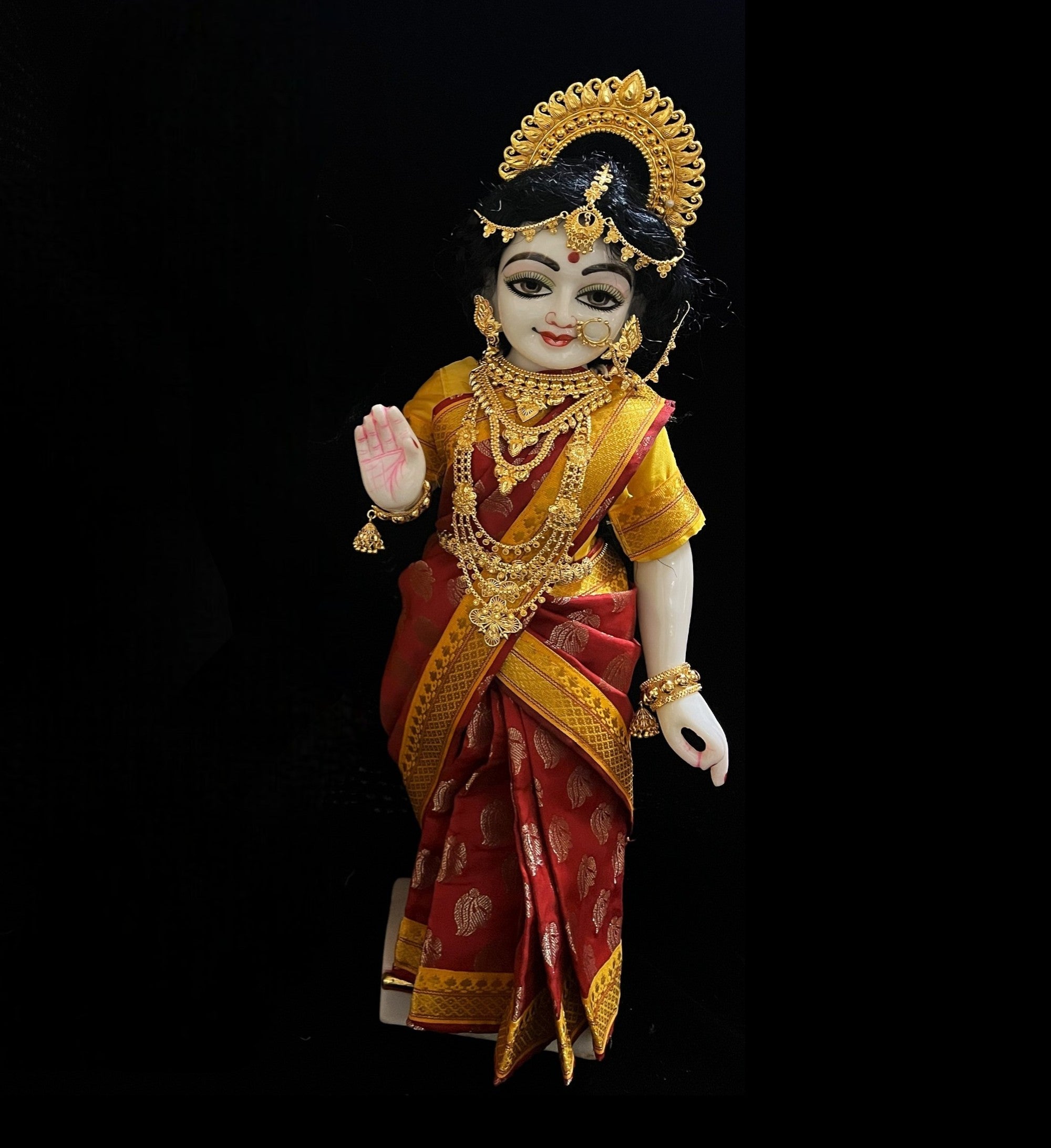 Amman Pavadai, Ammavaru Saree, Radha Krishna Vastra, Ram Sita Poshak, Radha Krishna Dress, Radha Rani Poshak for Standing Idol,pre stiched Sadi , Made of Pure Tapeta Silk - Red pre plated Saree with Yellow Contrast and blouse