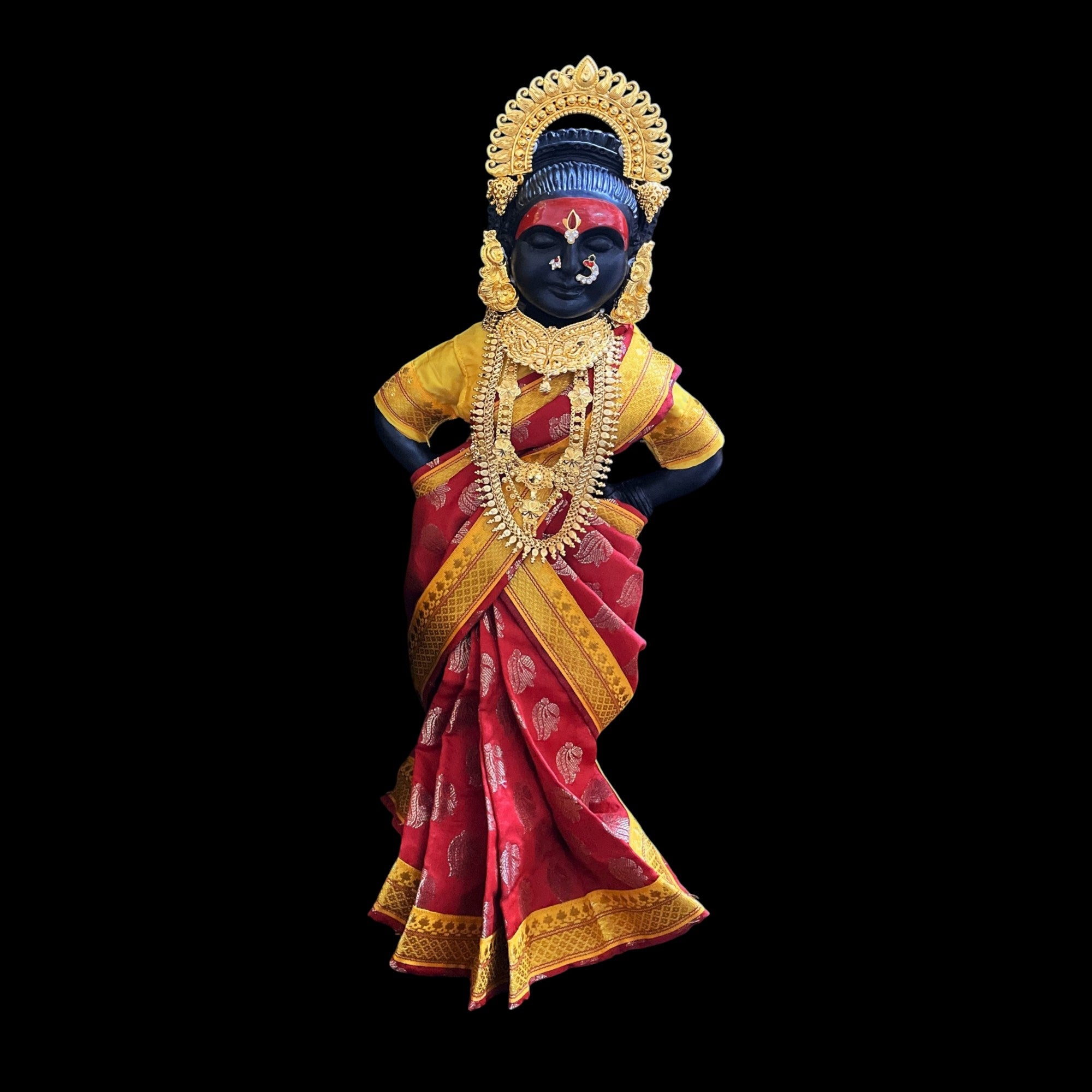 Amman Pavadai, Ammavaru Saree, Radha Krishna Vastra, Ram Sita Poshak, Radha Krishna Dress, Radha Rani Poshak for Standing Idol,pre stiched Sadi , Made of Pure Tapeta Silk - Red pre plated Saree with Yellow Contrast and blouse 3