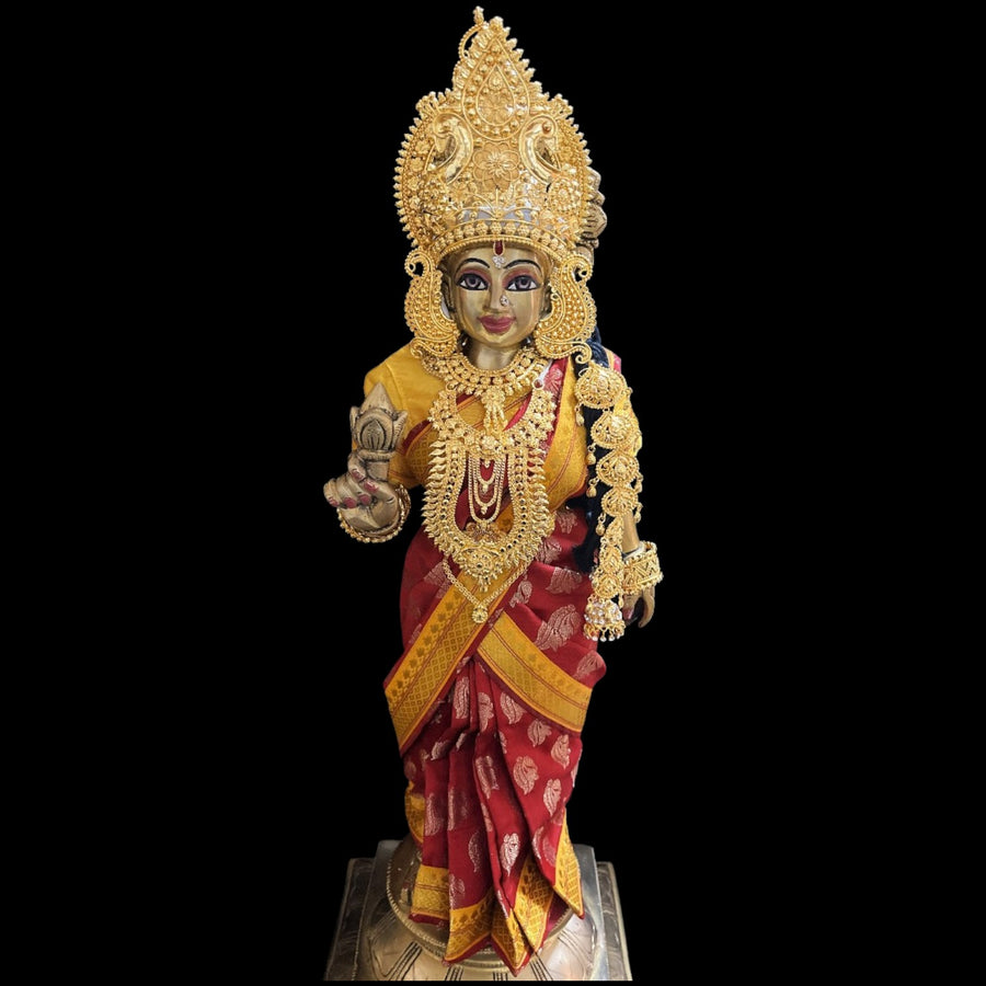 Amman Pavadai, Ammavaru Saree, Radha Krishna Vastra, Ram Sita Poshak, Radha Krishna Dress, Radha Rani Poshak for Standing Idol,pre stiched Sadi , Made of Pure Tapeta Silk - Red pre plated Saree with Yellow Contrast and blouse