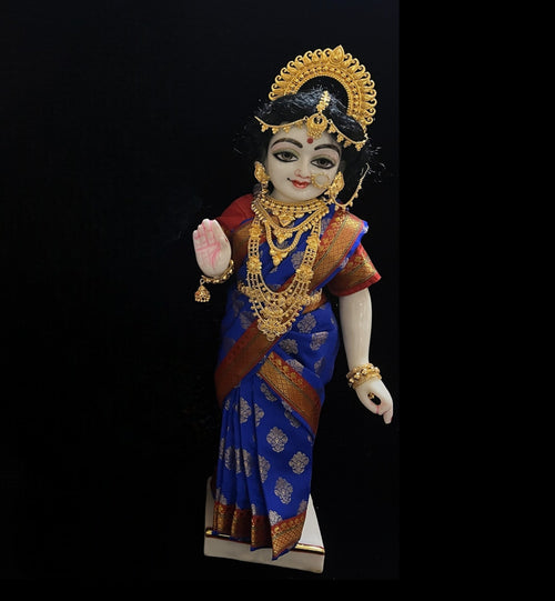 Amman Pavadai, Ammavaru Saree, Radha Krishna Vastra, Ram Sita Poshak, Radha Krishna Dress, Radha Rani Poshak for Standing Idol,pre stiched Sadi , Made of Pure Tapeta Silk - Royal Blue pre plated Saree with maroon Contrast and blouse