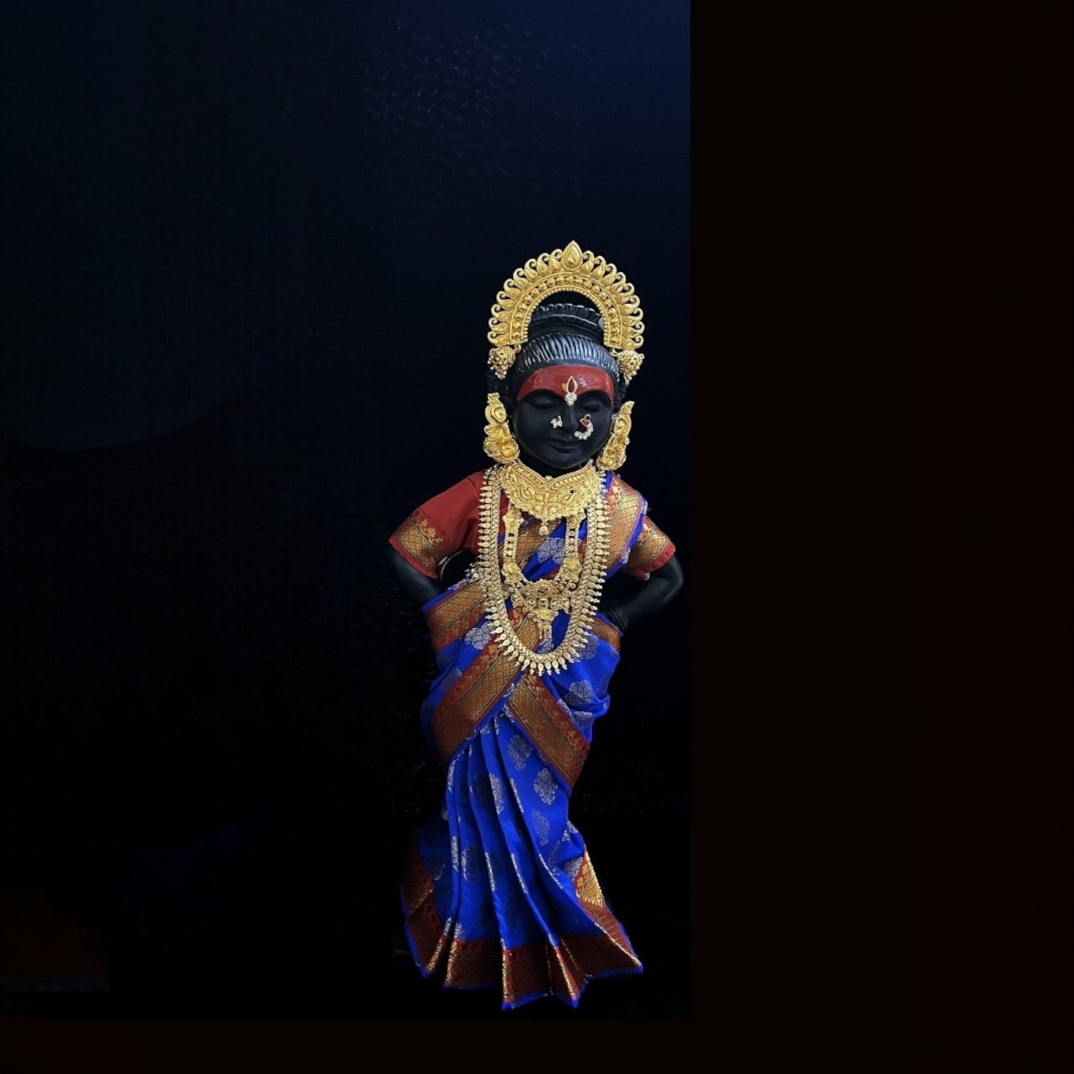Amman Pavadai, Ammavaru Saree, Radha Krishna Vastra, Ram Sita Poshak, Radha Krishna Dress, Radha Rani Poshak for Standing Idol,pre stiched Sadi , Made of Pure Tapeta Silk - Royal Blue pre plated Saree with maroon Contrast and blouse 3