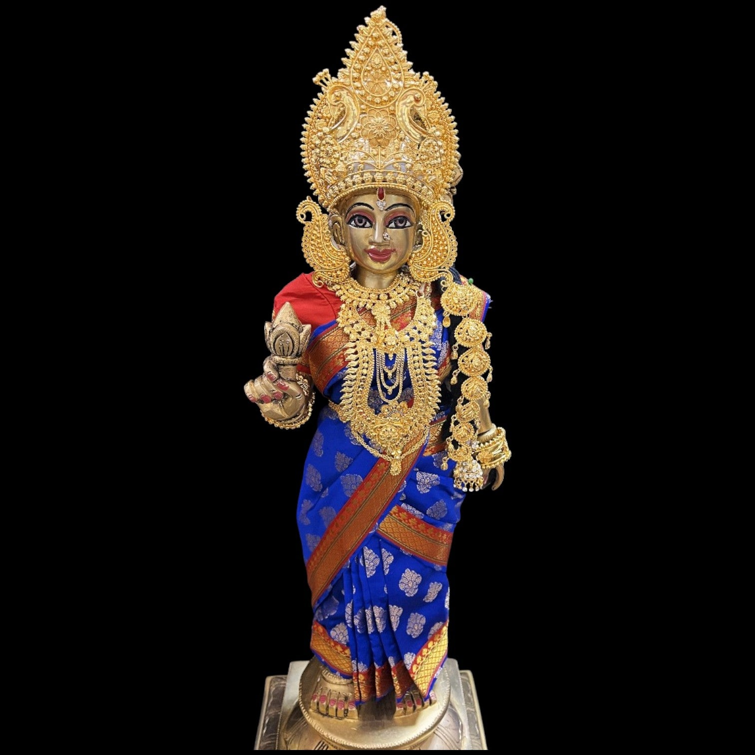 Amman Pavadai, Ammavaru Saree, Radha Krishna Vastra, Ram Sita Poshak, Radha Krishna Dress, Radha Rani Poshak for Standing Idol,pre stiched Sadi , Made of Pure Tapeta Silk - Royal Blue pre plated Saree with maroon Contrast and blouse