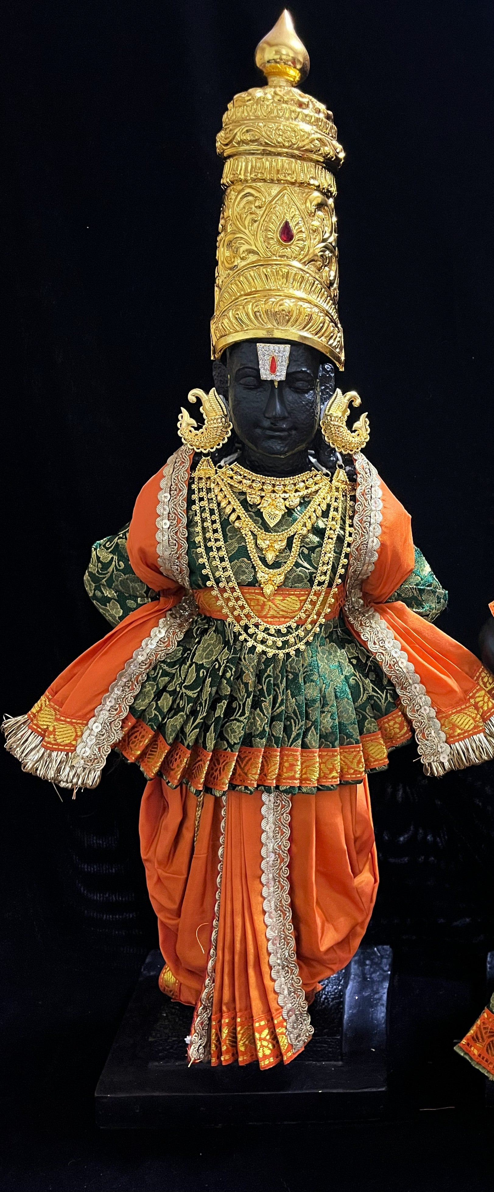 Angharkha dhoti  Patka/shalya, made of  Brocade Silk (not pure silk) - Dark Green pre-plated & pre-stiched Angarkha Saree with Orange Contrast dhoti and shalya 1