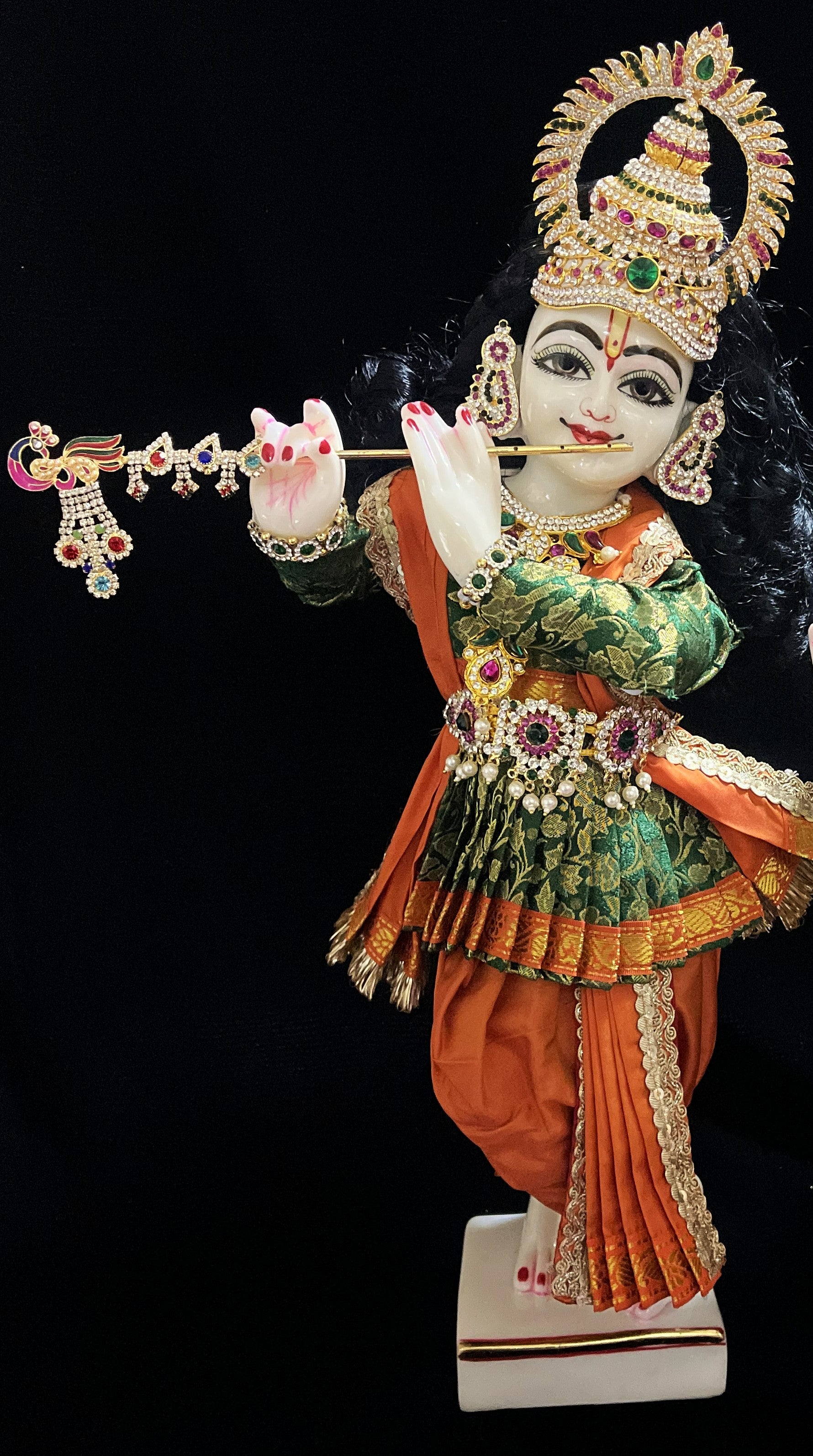 Angharkha dhoti  Patka/shalya, made of  Brocade Silk (not pure silk) - Dark Green pre-plated & pre-stiched Angarkha Saree with Orange Contrast dhoti and shalya