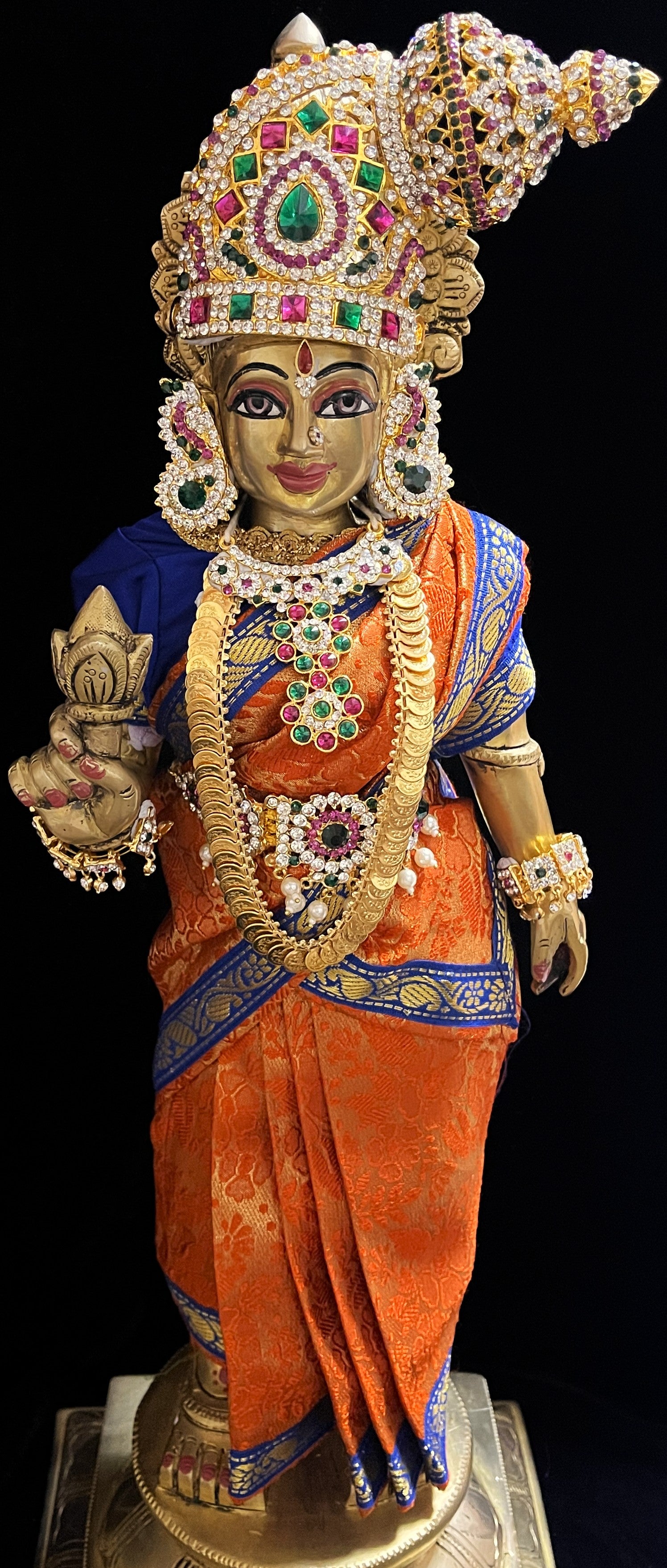 Royal Pre-Stitched with Brocade  Silk Devi Saree (Not Pure Silk) - Orange pre-plated Saree with Royal Blue Contrast and blouse 3