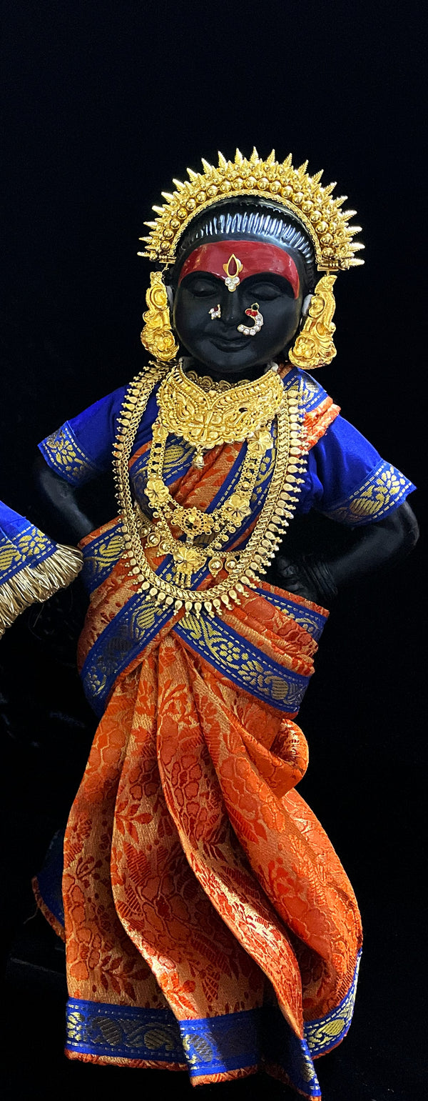 Royal Pre-Stitched with Brocade  Silk Devi Saree (Not Pure Silk) - Orange pre-plated Saree with Royal Blue Contrast and blouse