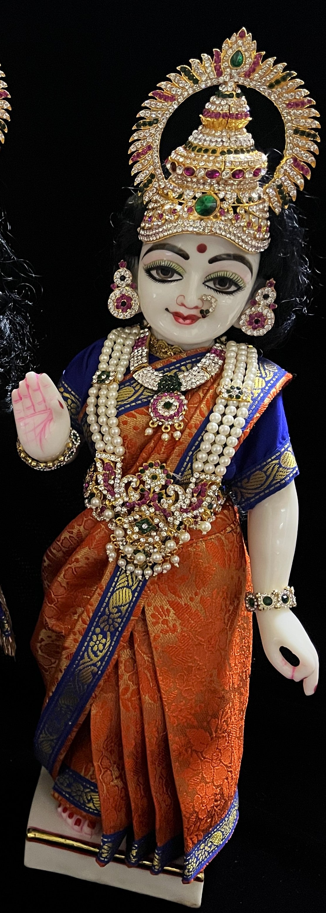 Royal Pre-Stitched with Brocade  Silk Devi Saree (Not Pure Silk) - Orange pre-plated Saree with Royal Blue Contrast and blouse 2