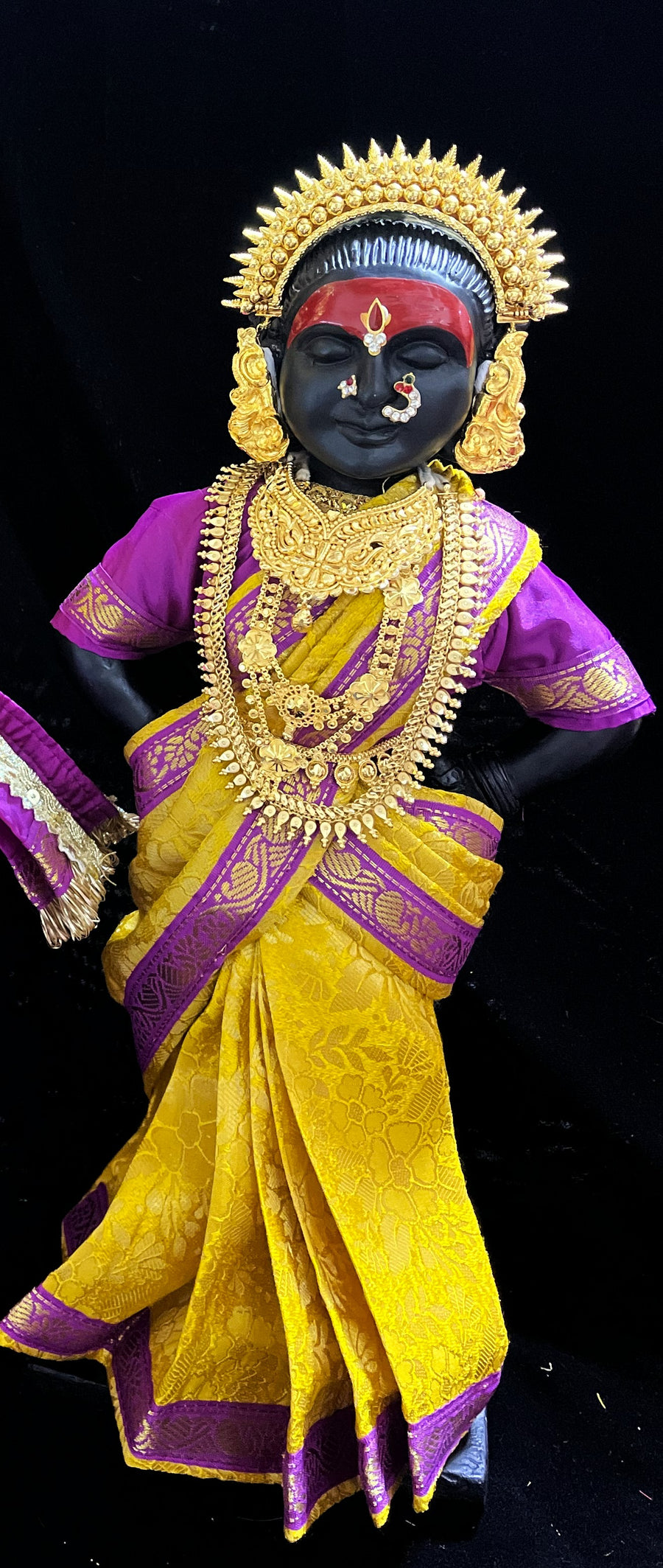 Royal Pre-Stitched with Brocade  Silk Devi Saree (Not Pure Silk) - Yellow pre-plated Saree with Purple Contrast and blouse