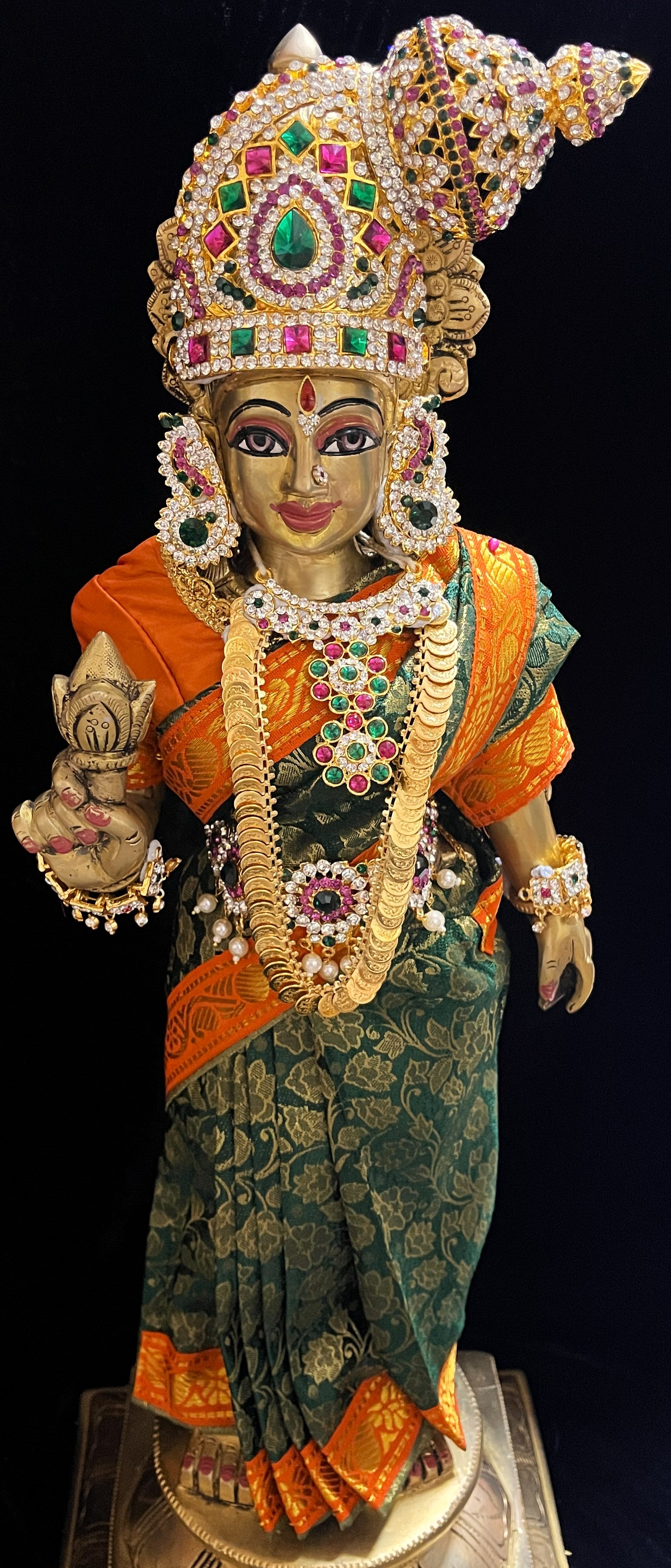 Royal Pre-Stitched with Brocade  Silk Devi Saree (Not Pure Silk) - Dark Green pre-plated Saree with Orange Contrast and blouse 3