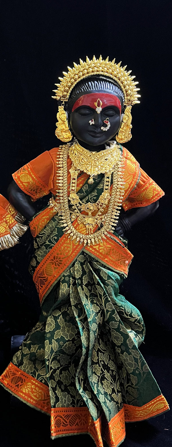 Royal Pre-Stitched with Brocade  Silk Devi Saree (Not Pure Silk) - Dark Green pre-plated Saree with Orange Contrast and blouse