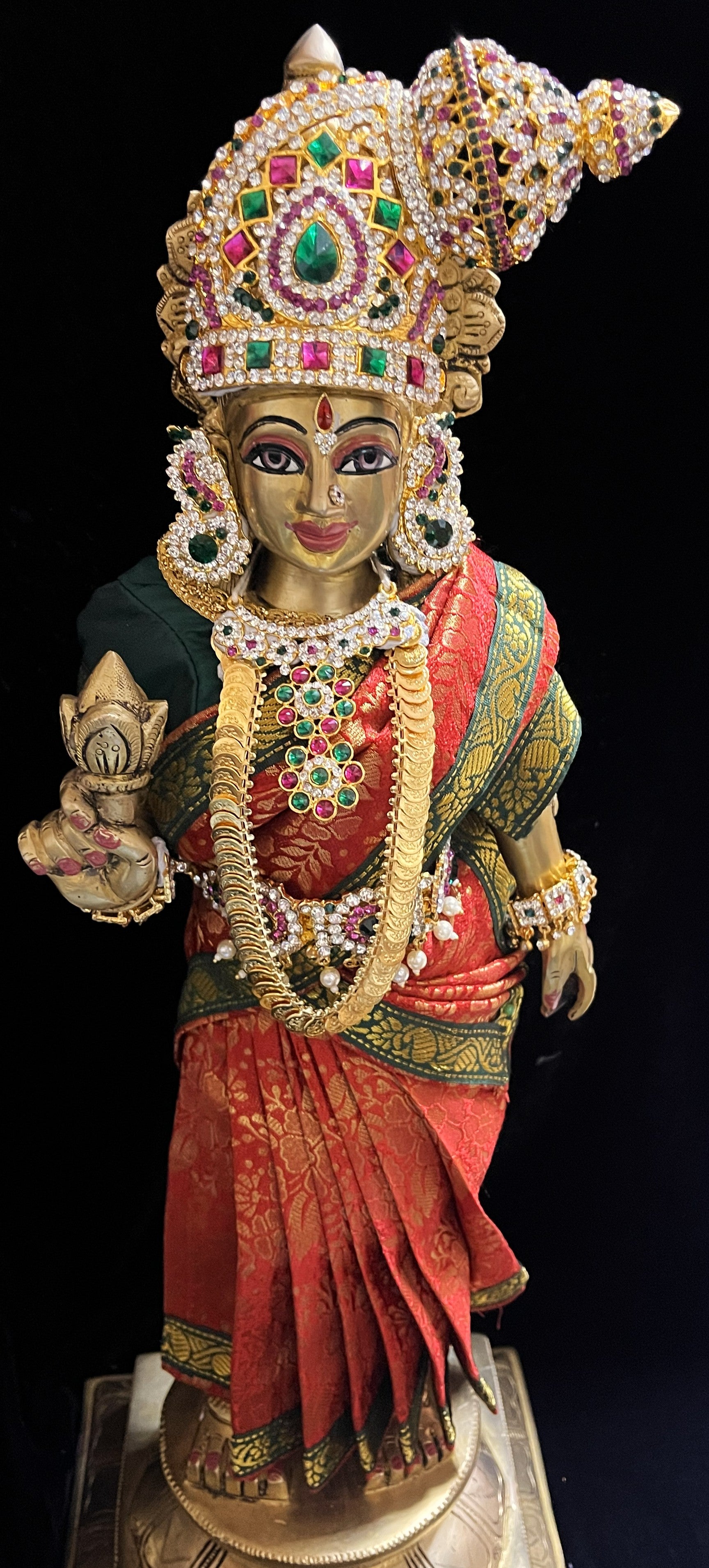 Royal Pre-Stitched with Brocade  Silk Devi Saree (Not Pure Silk) - Red pre-plated Saree with Dark Green Contrast and blouse 3