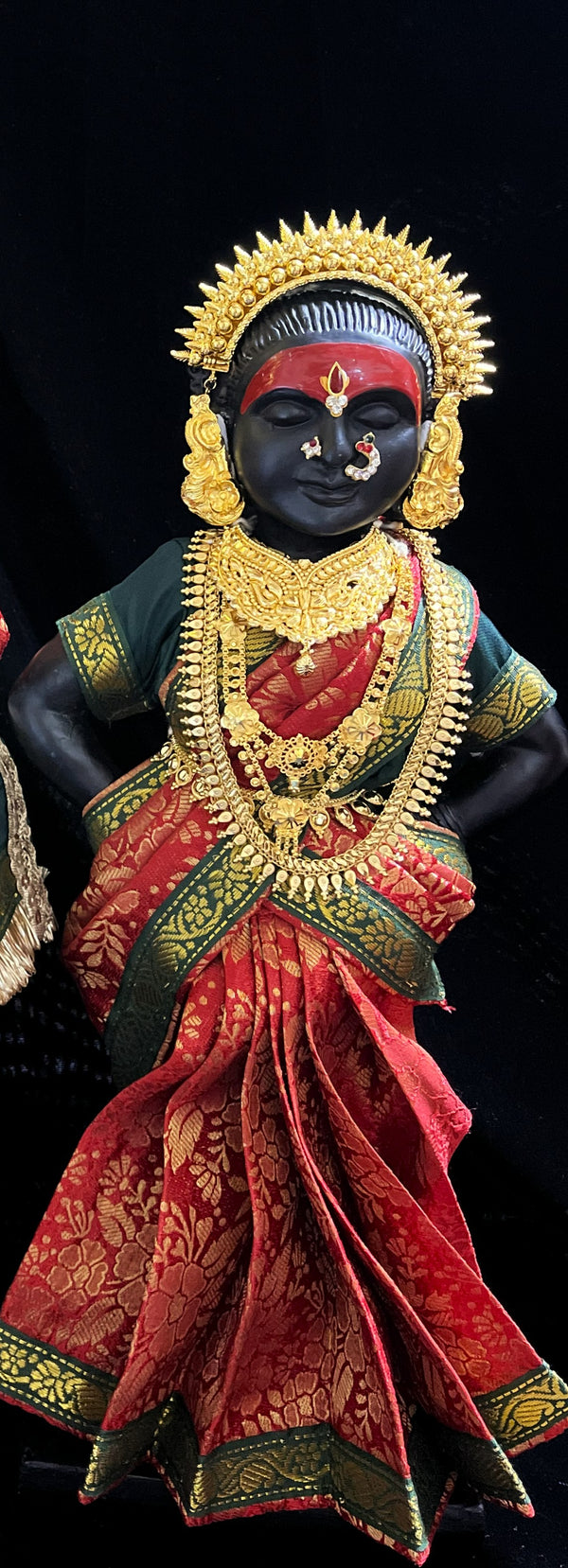 Royal Pre-Stitched with Brocade  Silk Devi Saree (Not Pure Silk) - Red pre-plated Saree with Dark Green Contrast and blouse