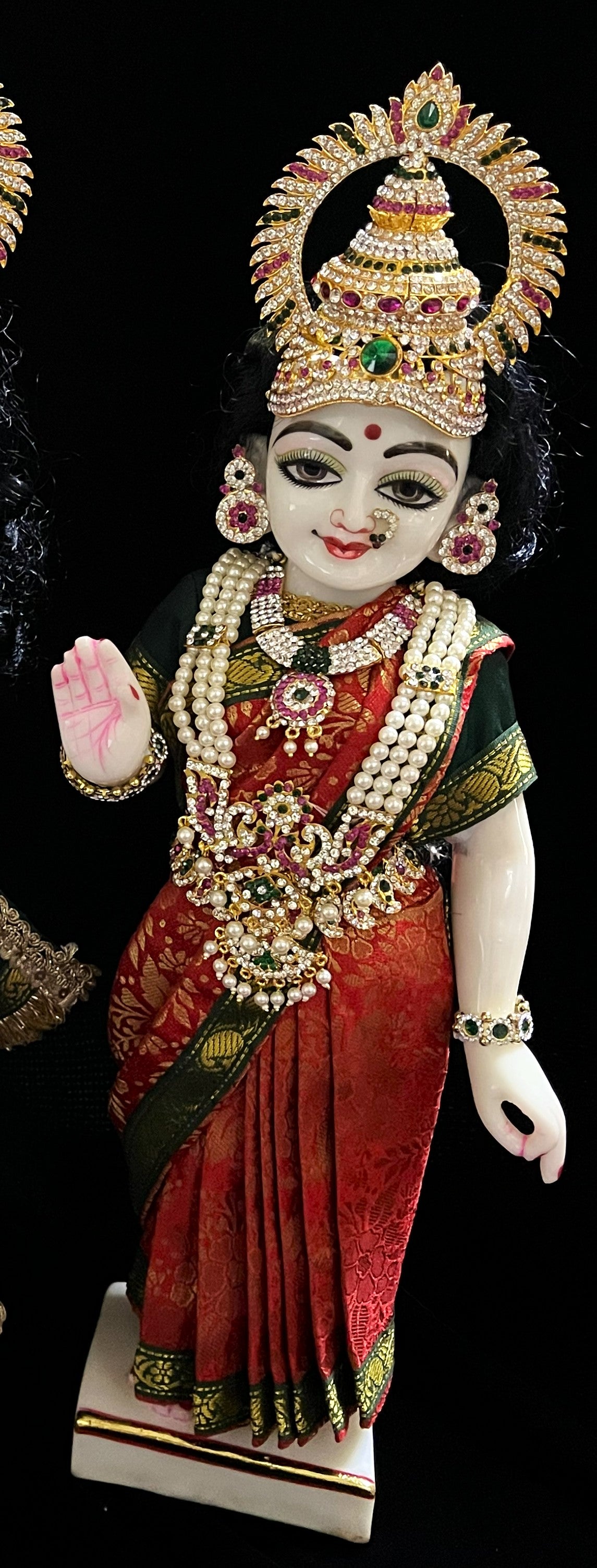 Royal Pre-Stitched with Brocade  Silk Devi Saree (Not Pure Silk) - Red pre-plated Saree with Dark Green Contrast and blouse 2
