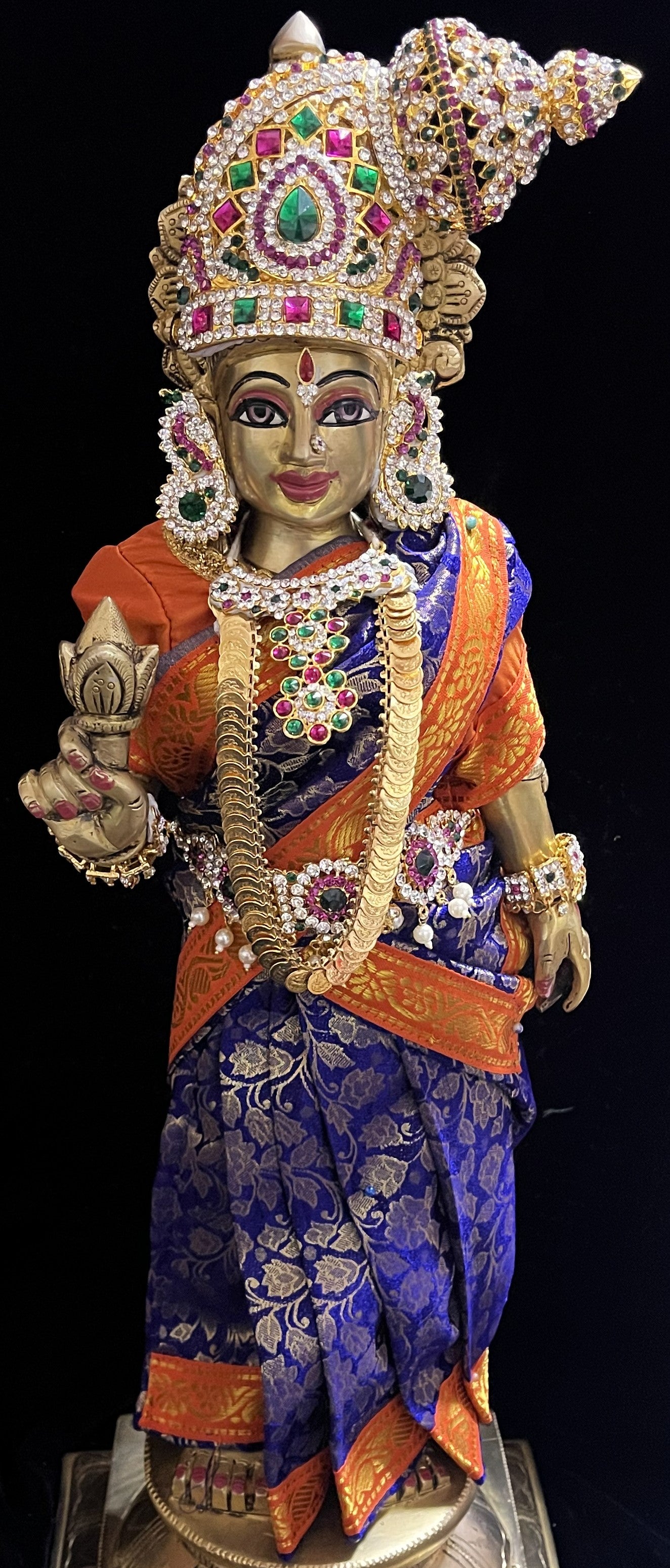Royal Pre-Stitched with Brocade  Silk Devi Saree (Not Pure Silk) - Royal Blue pre-plated Saree with Orange Contrast and blouse 3