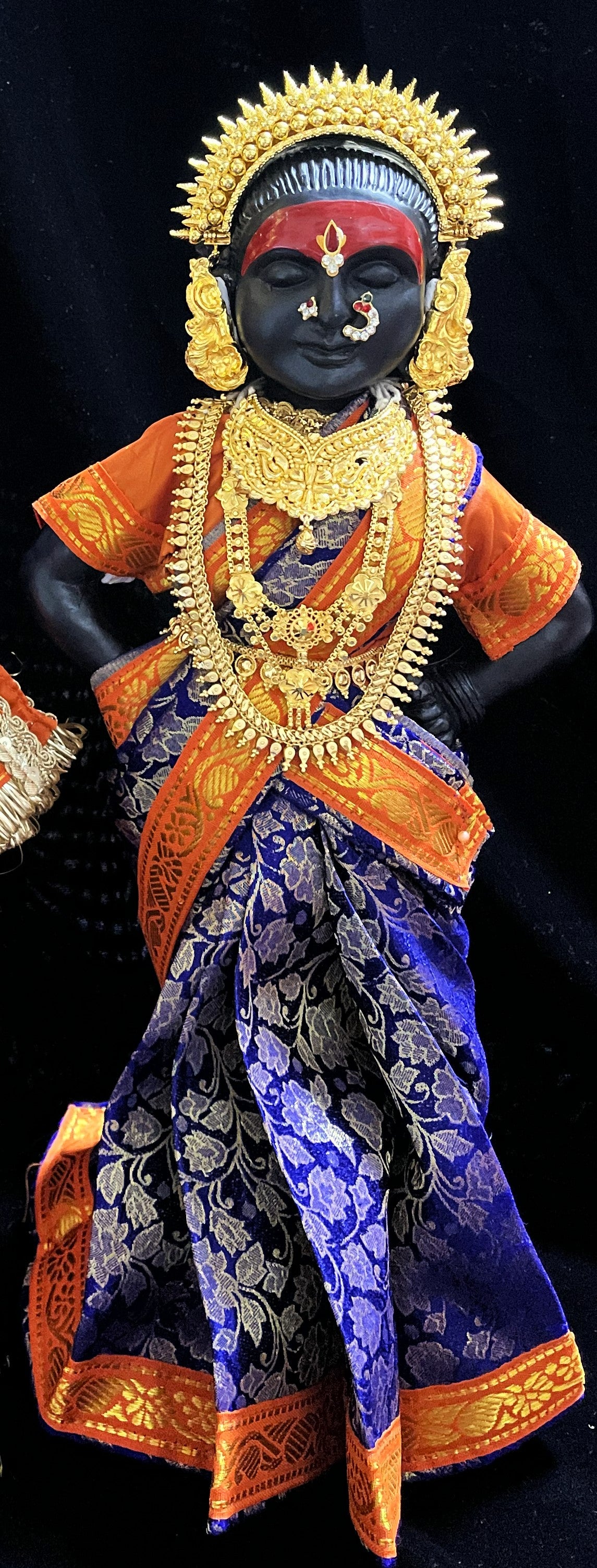 Royal Pre-Stitched with Brocade  Silk Devi Saree (Not Pure Silk) - Royal Blue pre-plated Saree with Orange Contrast and blouse 1