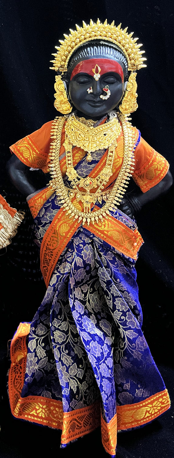 Royal Pre-Stitched with Brocade  Silk Devi Saree (Not Pure Silk) - Royal Blue pre-plated Saree with Orange Contrast and blouse