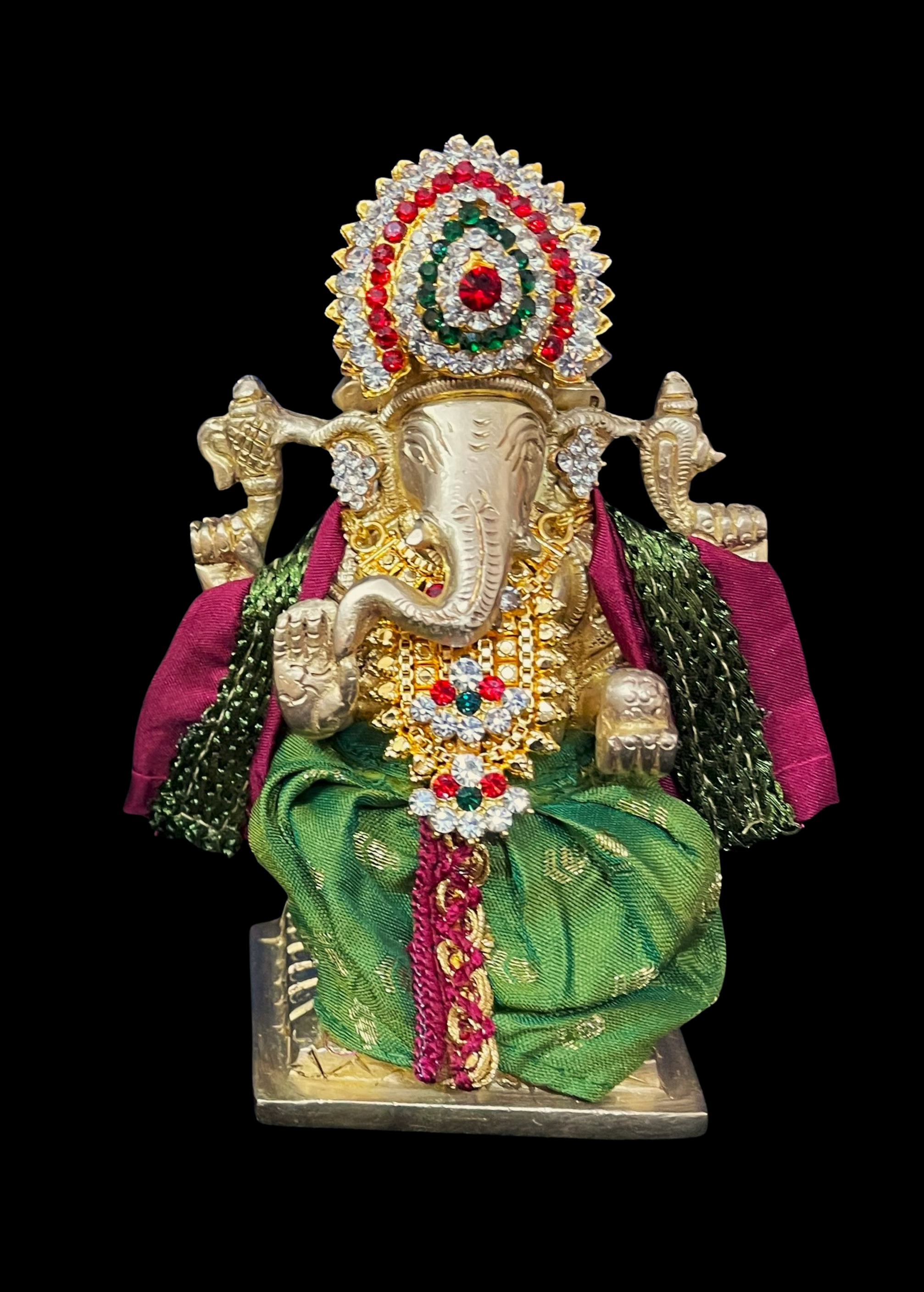Dhotis for very small idols (less than 4 inches) made of Soft Silk (Pure Silk) - Sap Green dhoti with Maroon border and Maroon shalya 1