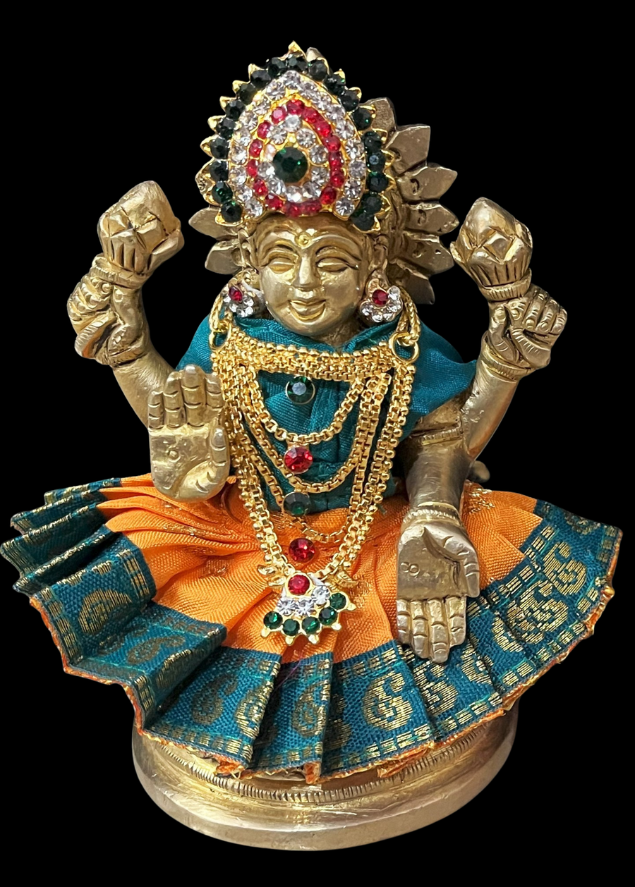 Sarees for very small idols (less than 4 inches) made of Soft Silk (Pure Silk) - Orange lehenga with Peacock blue border and Peacock blue  blouse