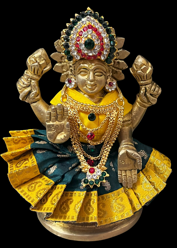Sarees for very small idols (less than 4 inches) made of Soft Silk (Pure Silk) - Bottle Green lehenga with   Yellow border and Yellow blouse