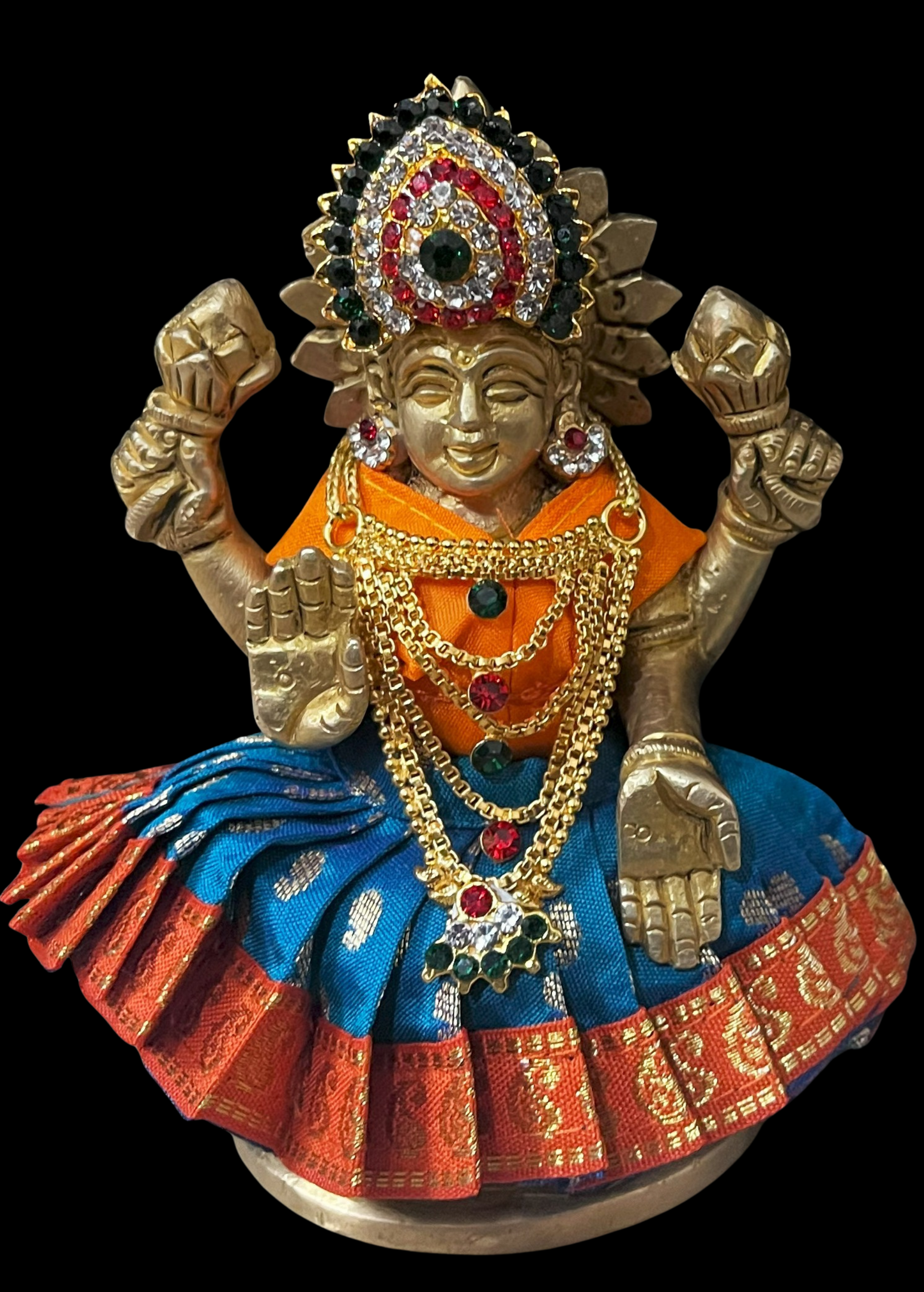 Sarees for very small idols (less than 4 inches) made of Soft Silk (Pure Silk) - Peacock Blue lehenga with Orange border and Orange blouse 1