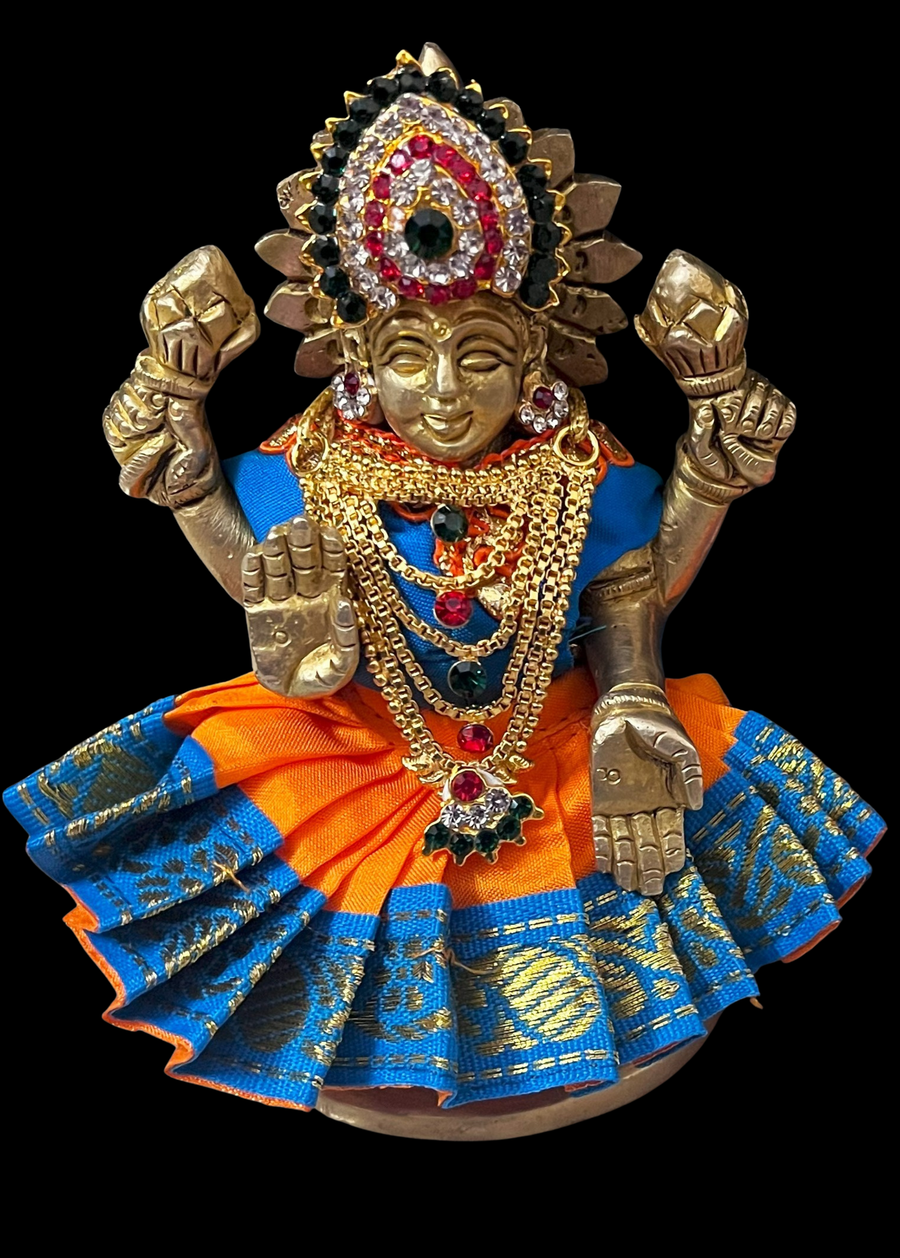Sarees for very small idols (less than 4 inches) made of Plain Silk (Not Pure Silk) - Orange lehenga with Blue border and Blue blouse