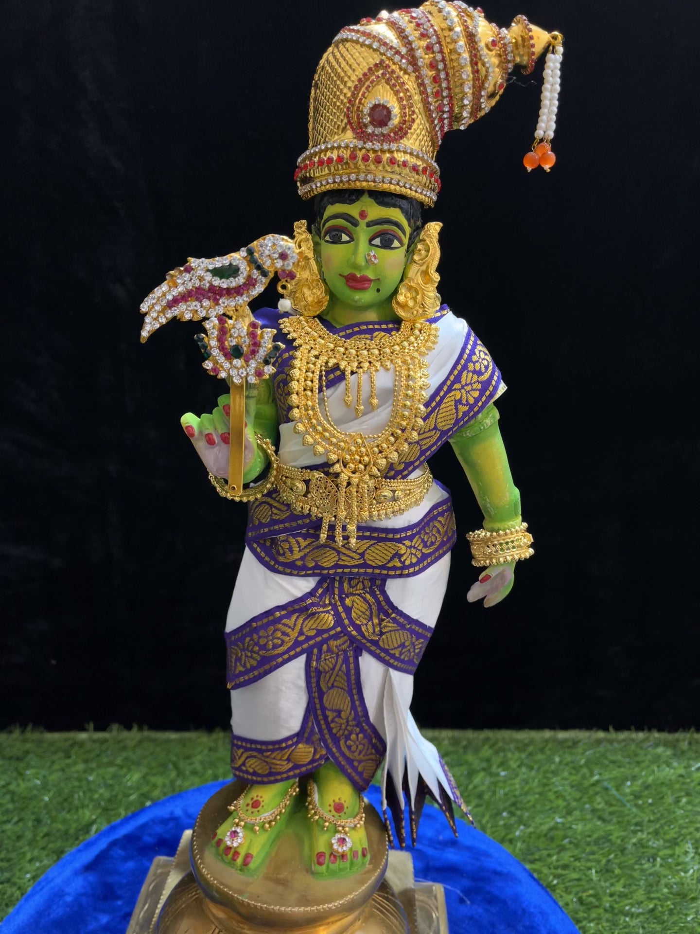 Deity Pre-stitched Meenakshi Saree made of Plain Silk (Not Pure Silk) - White Saree with Purple border and Purple blouse 1